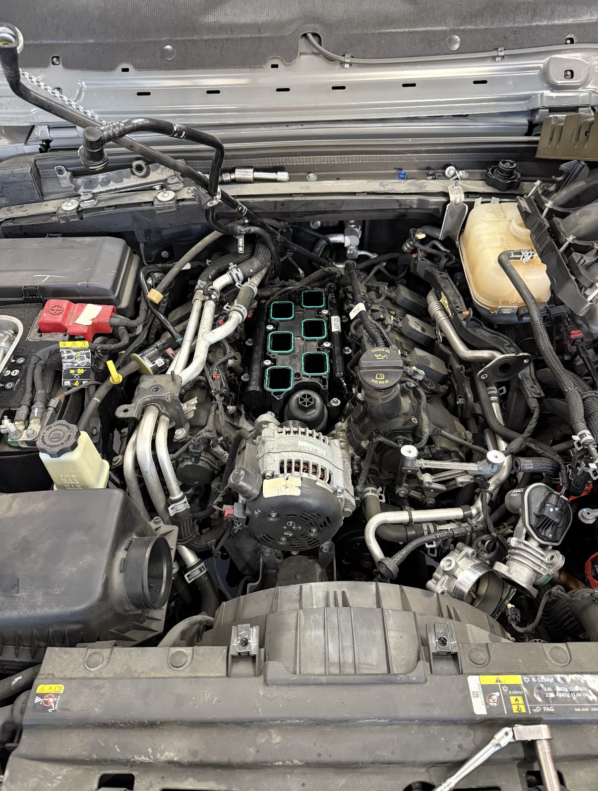 Engine bay during a diagnostic and tune-up